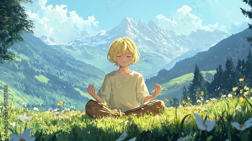 Young blonde hair boy meditating in a peaceful place in mountain