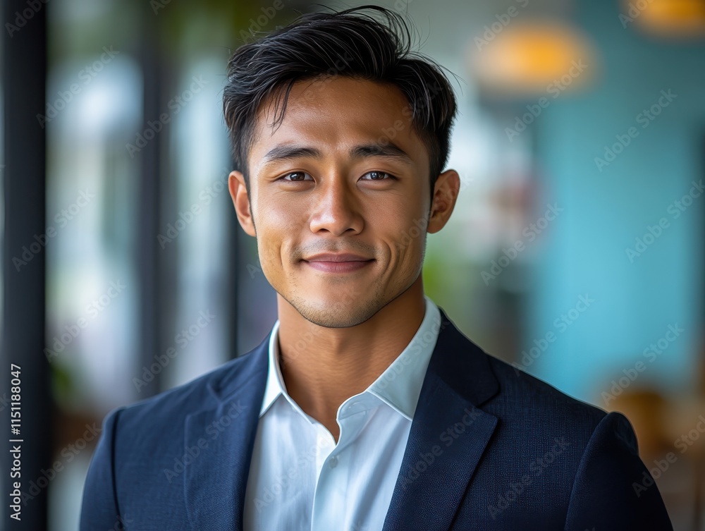 Confident young man in business attire smiles warmly in a modern setting during a professional event Confident young man in business attire smiles warmly in a modern setting during a professional event