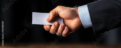 Business professional handing over a blank card in a formal setting. photo