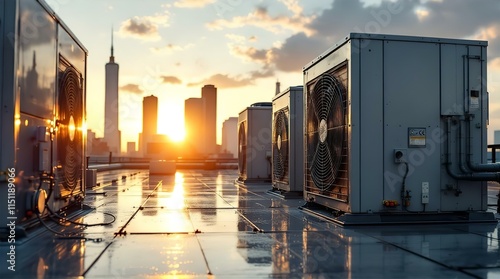 Rooftop HVAC Units at Sunset Over a City Skyline, Industrial Setting, Golden Hour Lighting