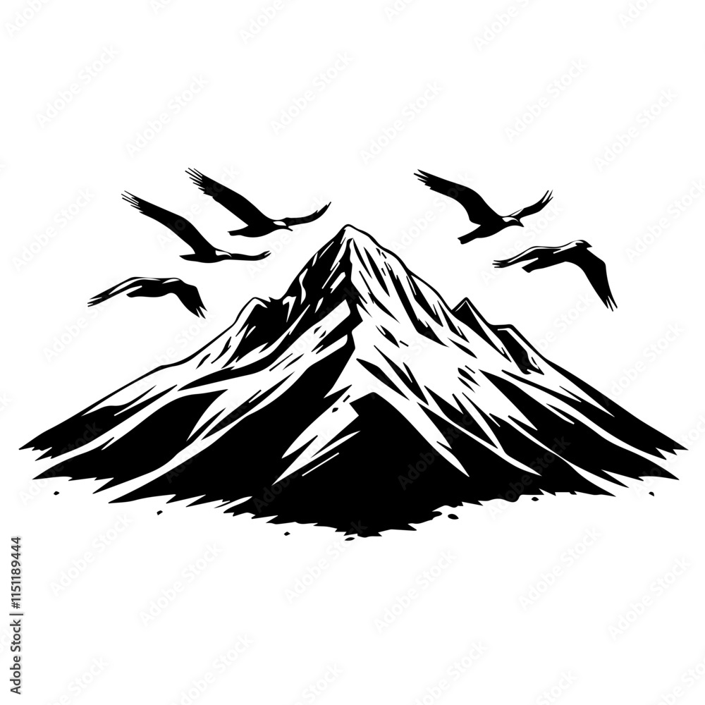 Naklejka premium Silhouetted Birds Above Majestic Mountains