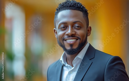 Portrait of a smiling, confident African American businessman in a suit, studio office background, He looking at the camera