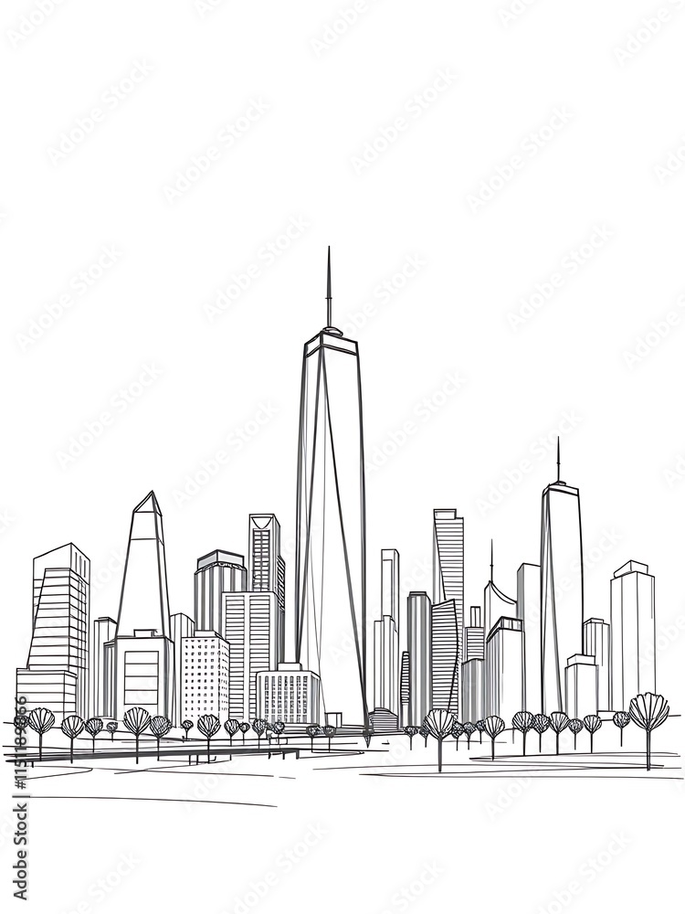 Obraz premium Elegant Line Art Cityscape Sketch. AI Generated