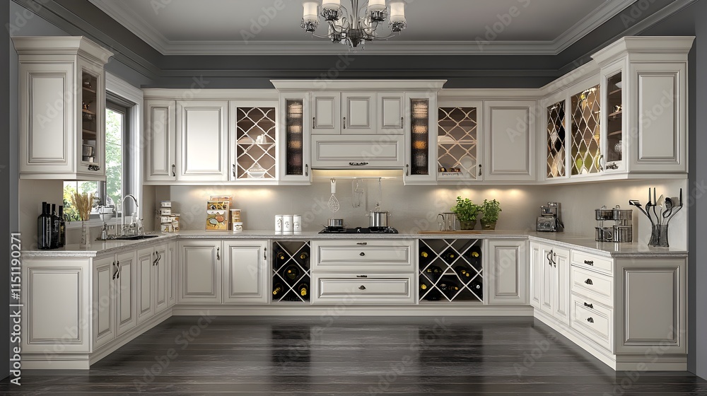 Fototapeta premium Elegant kitchen design modern home interior image bright atmosphere wide angle functional aesthetics