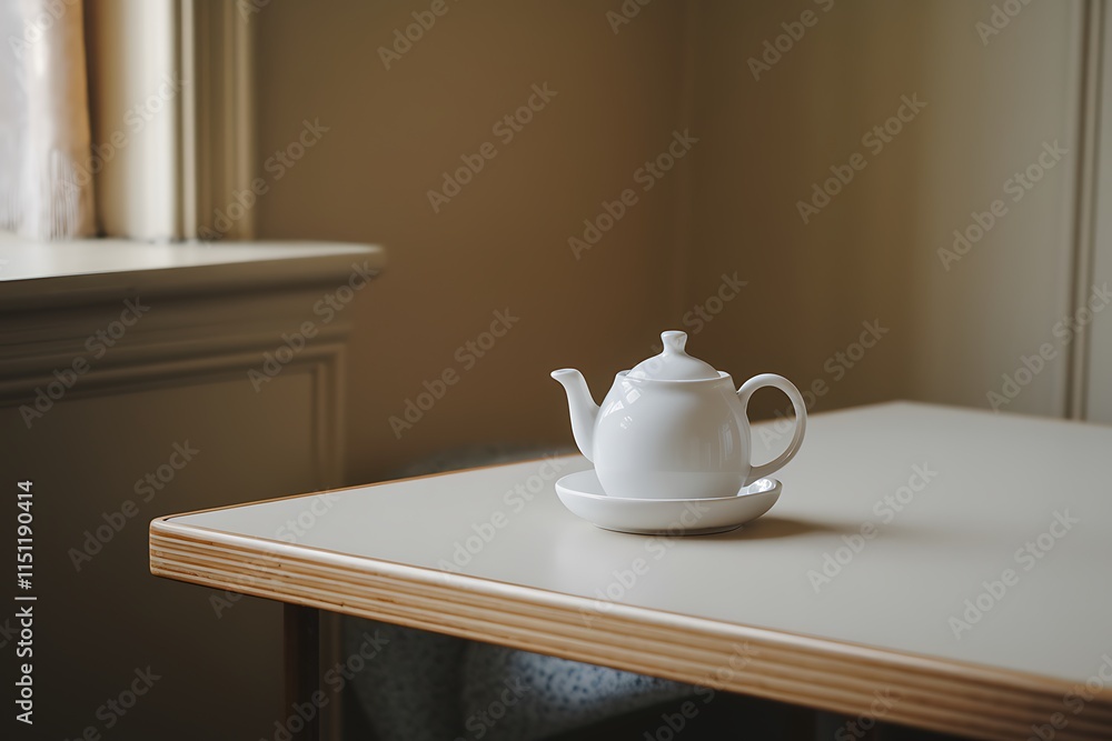 White Teapot on Table Near Window, Simple Minimalist Setting White Teapot on Table Near Window, Simple Minimalist Setting