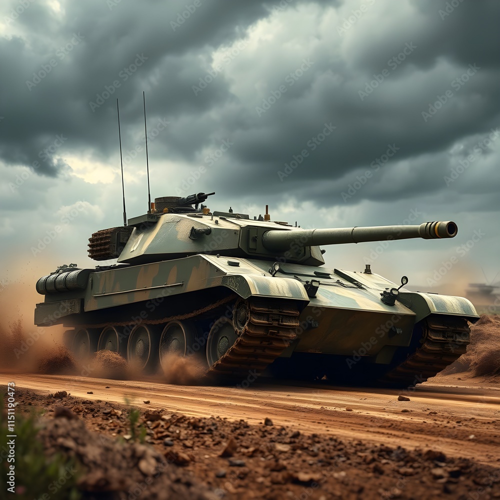 A military tank driving on a dirt road A military tank driving on a dirt road