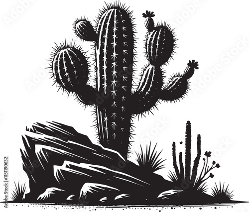 Big Cactus silhouette vector illustration isolated on white background