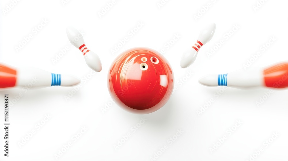A vibrant red bowling ball is surrounded by white pins, capturing the excitement of a bowling game. A vibrant red bowling ball is surrounded by white pins, capturing the excitement of a bowling game.