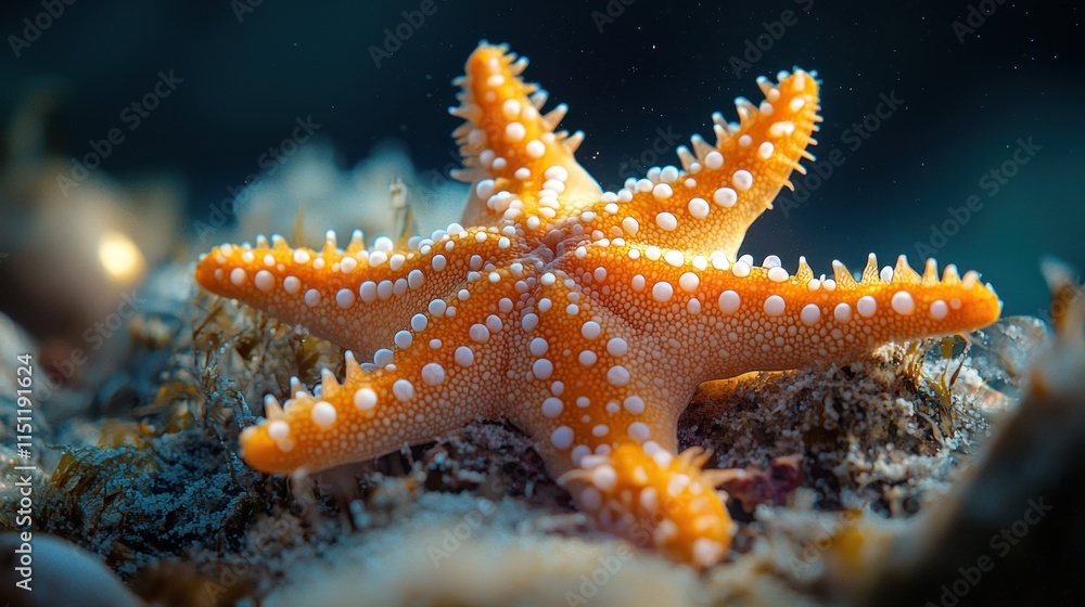 Vibrant Orange Starfish on a Coral Reef with Beautiful Texture and Patterns in Underwater Scene for Marine Life Enthusiasts and Conservation Projects Vibrant Orange Starfish on a Coral Reef with Beautiful Texture and Patterns in Underwater Scene for Marine Life Enthusiasts and Conservation Projects