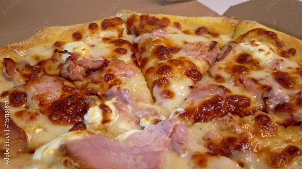 Delicious pizza topped with ham, mozzarella, and onion brings joy to every bite Delicious pizza topped with ham, mozzarella, and onion brings joy to every bite
