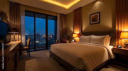 A luxurious hotel suite boasts a king sized bed adorned with plush white linens, offering a cozy retreat after a long day. The room is bathed in warm, inviting light, creating a serene and sophisticat photo