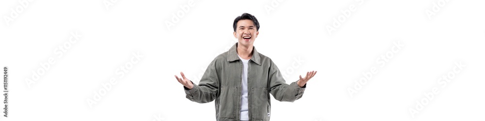 A man is smiling and pointing his finger in the air