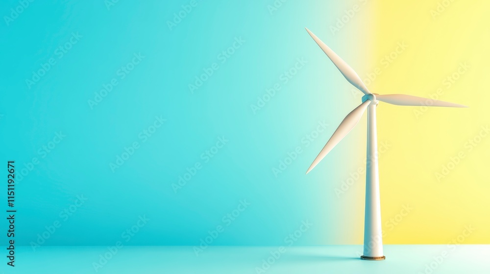 A modern wind turbine stands against a vibrant teal and yellow background, symbolizing renewable energy and sustainability. A modern wind turbine stands against a vibrant teal and yellow background, symbolizing renewable energy and sustainability.