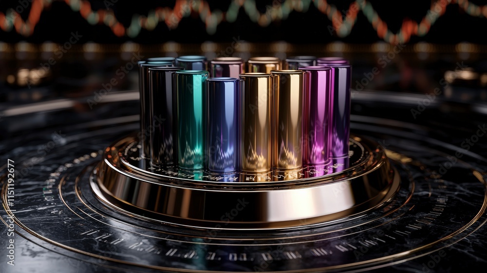 Fototapeta premium Colorful Cylinders on Gold Platform Stock Market Chart Background