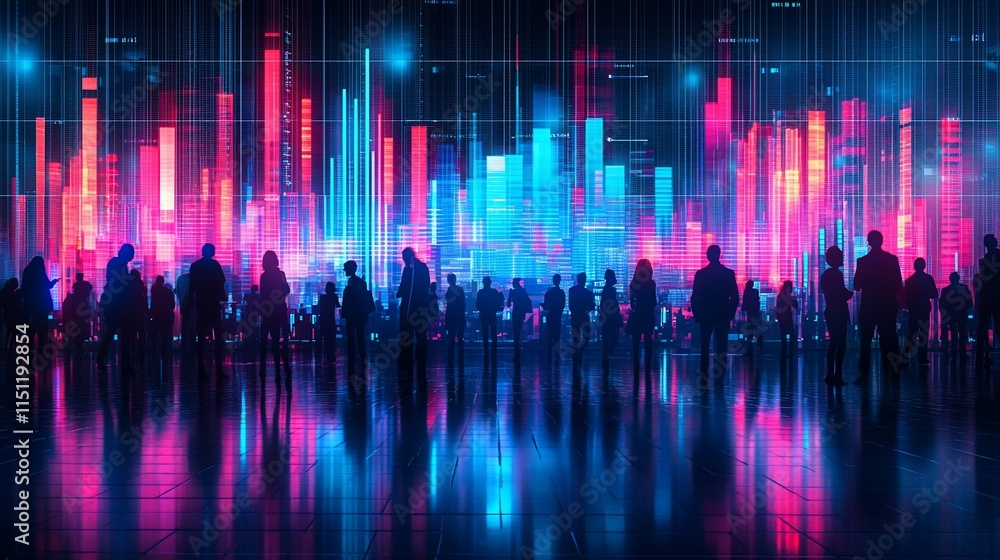 Silhouetted crowd facing vibrant digital cityscape. Silhouetted crowd facing vibrant digital cityscape.
