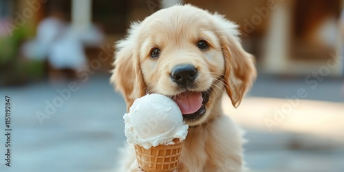 Golden puppy dog enjoying a delicious ice cream treat. This playful golden puppy dog can t resist the sweet taste of ice cream, making every moment with the golden puppy dog a delightful experience. photo