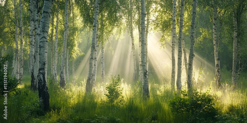 Spring birch trees bathed in sunlight create a stunning scene, with rays filtering through the vibrant green foliage, capturing the beauty of birch in spring and its serene morning ambiance. Spring birch trees bathed in sunlight create a stunning scene, with rays filtering through the vibrant green foliage, capturing the beauty of birch in spring and its serene morning ambiance.