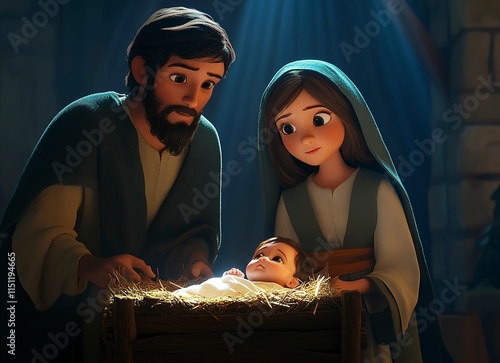 Holy Family, Nativity Scene, Christmas Eve, Christmas, Nativity, Jesus, Mary, Joseph, Baby Jesus, Birth, Light, Hope, Faith, Love, Family, Spiritual, Religious, Holy, Divine, Miracle, Bethlehem.