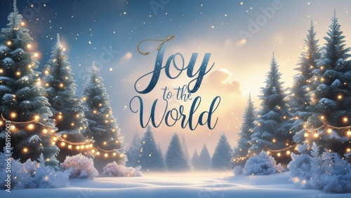 A festive holiday background for a Christmas greeting card or banner featuring a serene winter wonderland scene with snow-covered evergreen trees, adorned with twinkling string lights, and surrounded 