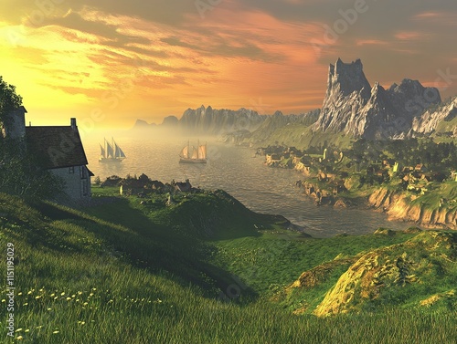 Serene Coastal Village at Sunset:  A picturesque village nestled on the edge of a tranquil bay, bathed in the warm glow of a setting sun, with distant ships sailing on the horizon.