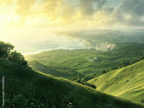 Coastal Sunrise Panorama: Serene landscape photography showcasing rolling green hills descending to a picturesque coastline, bathed in the warm glow of a sunrise.