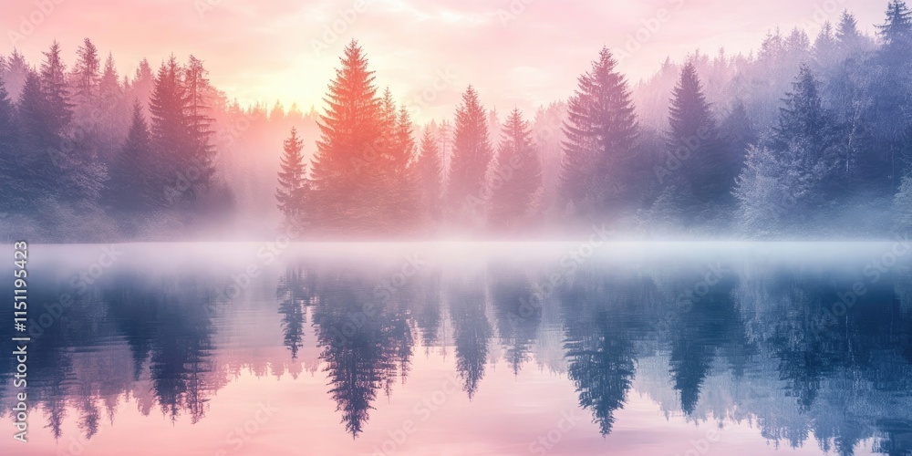 Naklejka premium Misty forest lake at sunrise showcases stunning symmetry reflections on the water, creating a natural mirror effect with a clear pink sky, perfect for nature lovers and environmental conservation