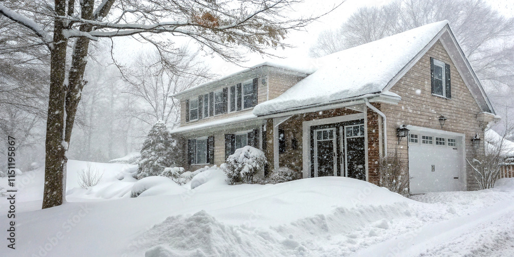 House front draped in snow, winter storm's silence blankets the scene