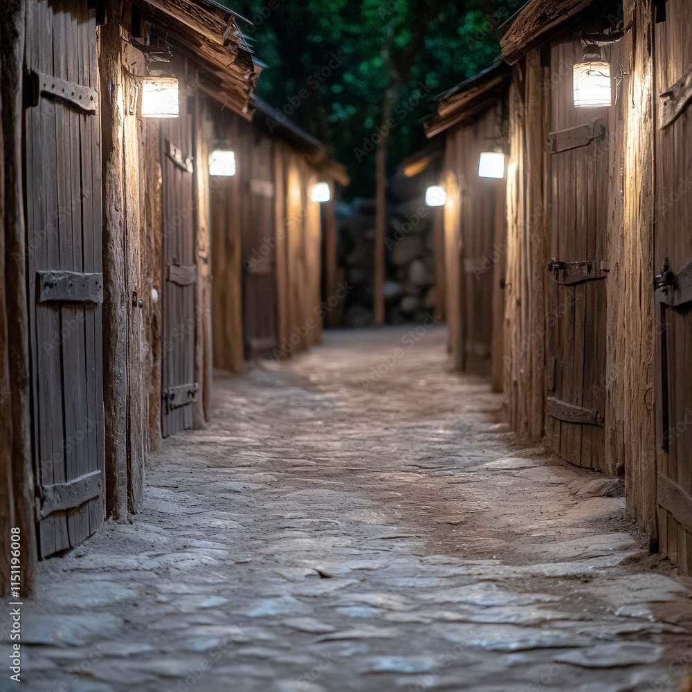 Cobblestone Lane Night Rustic Wooden Doors Village Christmas Lights Cobblestone Lane Night Rustic Wooden Doors Village Christmas Lights