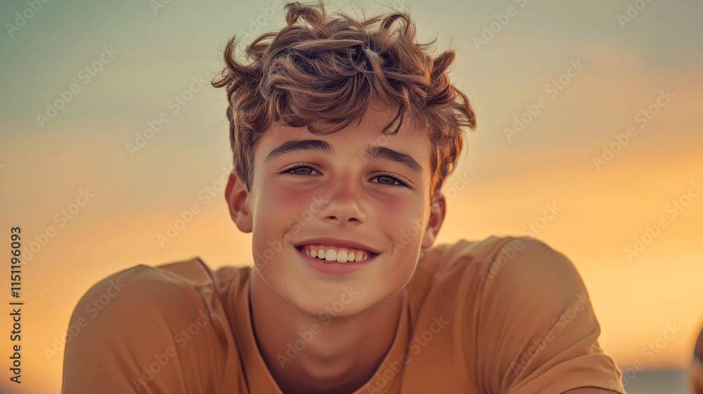 Joyful teenager smiling against a sunset backdrop Joyful teenager smiling against a sunset backdrop