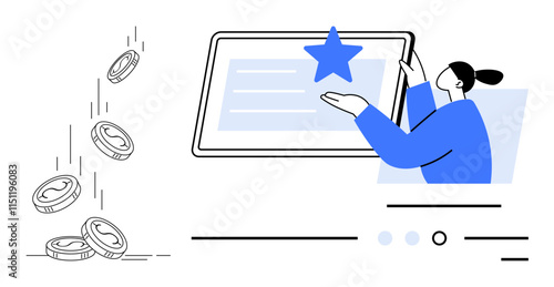 Person in blue shows a star on a tablet as coins fall from the sky. Ideal for financial success, digital presentations, online learning, achievement, recognition, reward systems, business growth