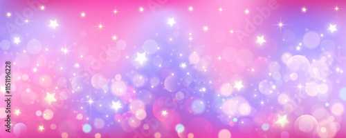 Wavy pink background. Unicorn glitter sky. Fantasy magic purple galaxy with bokeh and stars. Abstract violet kawaii backdrop.