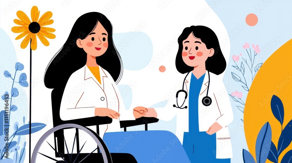 Doctor & Patient Wheelchair Illustration - Flat design Doctor & Patient Wheelchair Illustration - Flat design