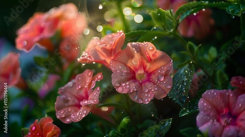 Dew-Kissed Petunias: A Symphony of Peach and Green photo