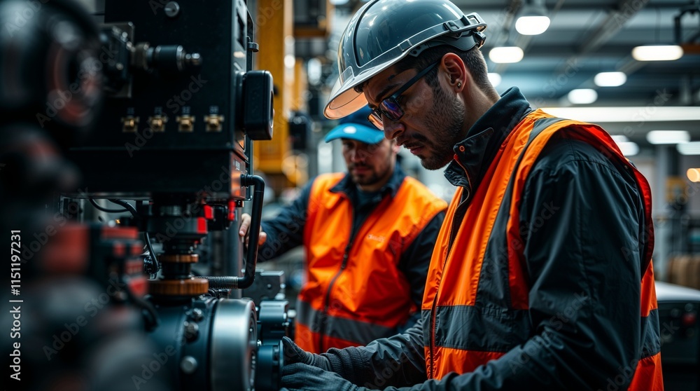 an engineer in a safety vest operating a machine, with assistants performing safety checks in a factory. an engineer in a safety vest operating a machine, with assistants performing safety checks in a factory.