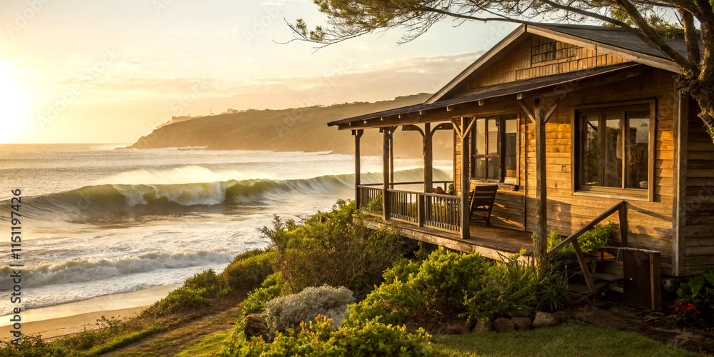 Seashore wooden house exterior, peaceful waves crashing under golden sunlight Seashore wooden house exterior, peaceful waves crashing under golden sunlight