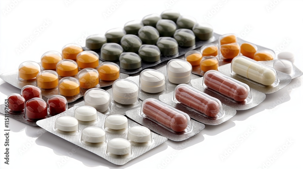 An array of colorful pills and tablets is carefully organized, highlighting different shapes and sizes for medicinal use An array of colorful pills and tablets is carefully organized, highlighting different shapes and sizes for medicinal use
