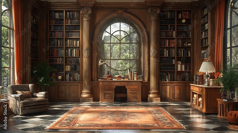 Obraz premium Elegant Library Interior, Luxurious Study Room with Bookshelves and Arch Window