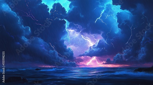 Oceanic superstorm in its full fury, with lightning illuminating the clouds and rain pouring in sheets over the sea. photo