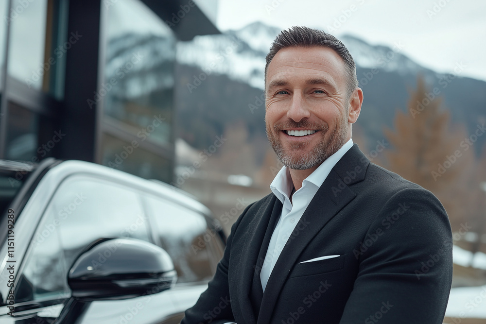 man in a suit is smiling and posing in front of a car. Concept of confidence and success, as the man is dressed in a professional manner and he is enjoying himself man in a suit is smiling and posing in front of a car. Concept of confidence and success, as the man is dressed in a professional manner and he is enjoying himself
