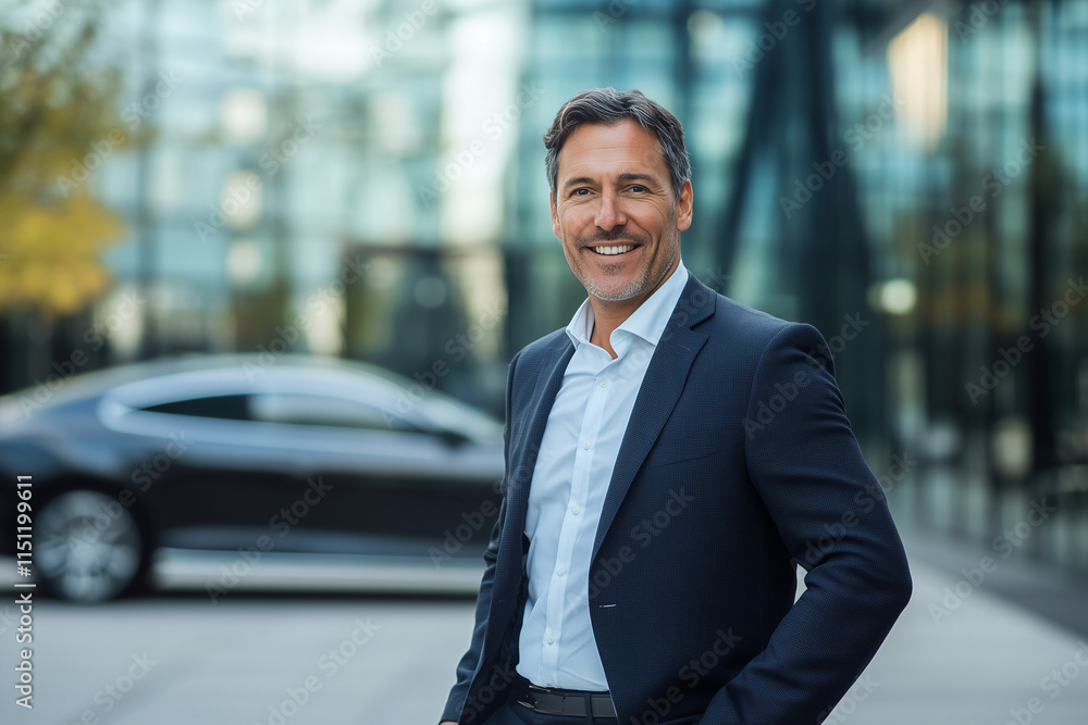 man in a suit is smiling and standing in front of a building. He is wearing a black jacket and a white shirt man in a suit is smiling and standing in front of a building. He is wearing a black jacket and a white shirt