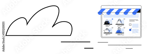 Cloud element connected to online shop with products displayed. Ideal for digital marketing, e-commerce solutions, cloud computing, online shopping, retail technology, digital transformation, web