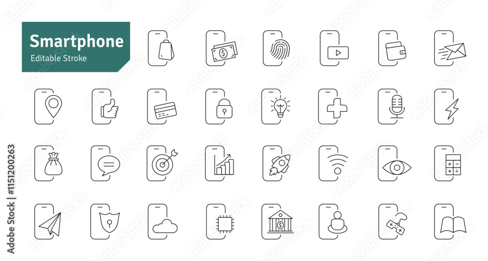 Smartphone Line Icons Set. Technology, Mobile Functions, Online Shopping, Apps, Security, Communication, Marketing, Promotion, Device Icons Editable Stroke Vector Illustration Smartphone Line Icons Set. Technology, Mobile Functions, Online Shopping, Apps, Security, Communication, Marketing, Promotion, Device Icons Editable Stroke Vector Illustration