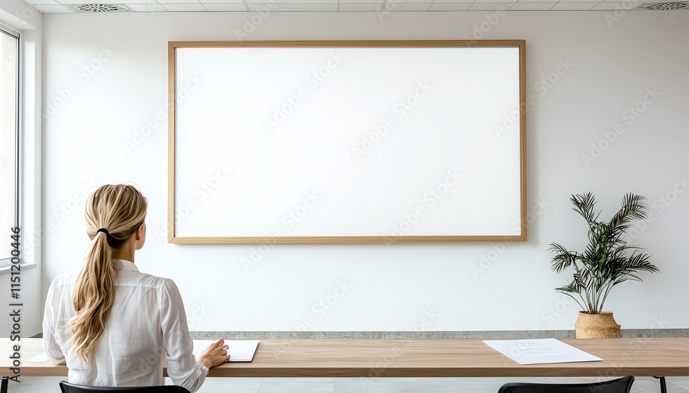 Woman giving a presentation with a blank screen projector in a minimalistic conference room, pastel tones, plenty of negative space Woman giving a presentation with a blank screen projector in a minimalistic conference room, pastel tones, plenty of negative space