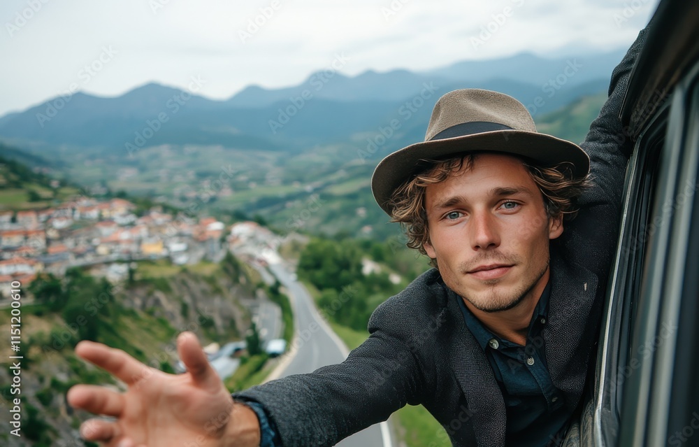 A man wearing a hat is leaning out of a car window A man wearing a hat is leaning out of a car window