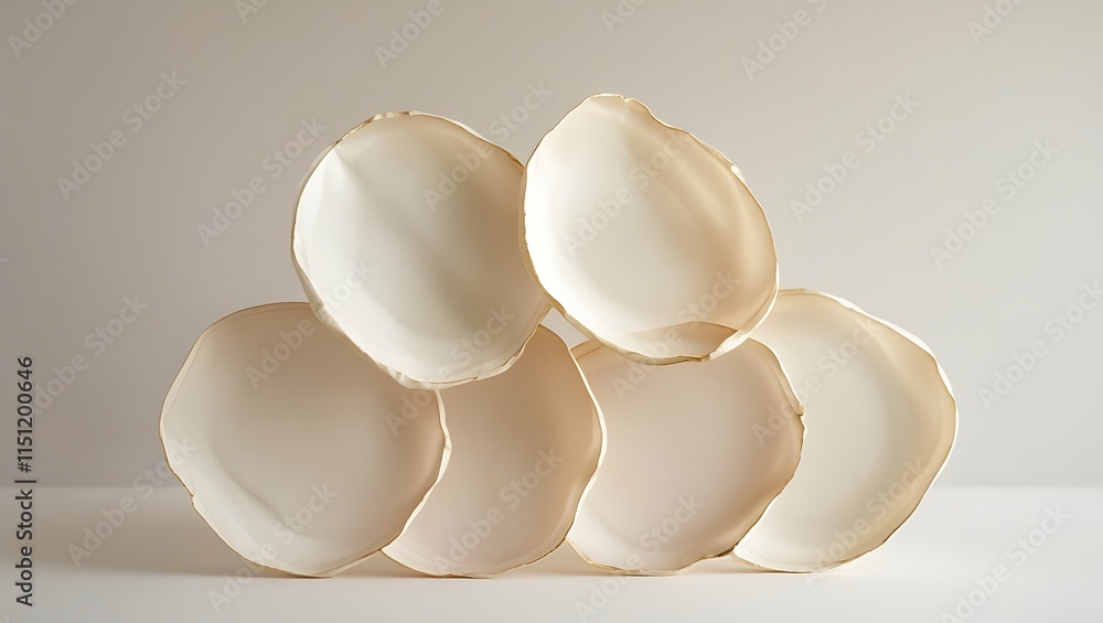Stacked Cream Colored Plates With Gold Edging Stacked Cream Colored Plates With Gold Edging
