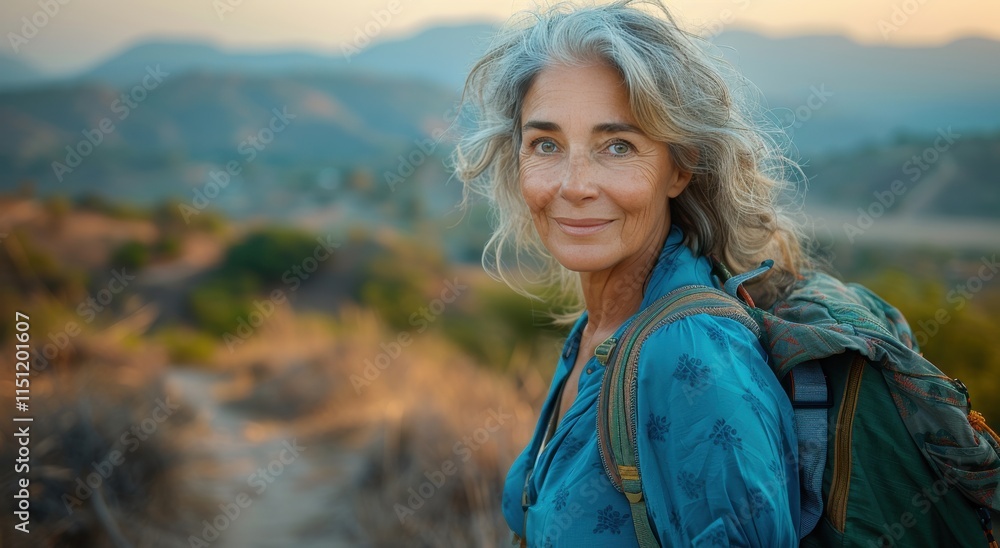 A woman with a backpack is smiling at the camera A woman with a backpack is smiling at the camera