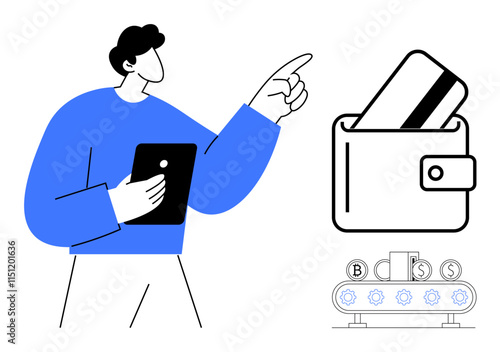 Person holding a tablet points at a wallet containing cards next to conveyor belt with currency symbols. Ideal for finance, technology, digital payments, e-commerce, online banking, fintech