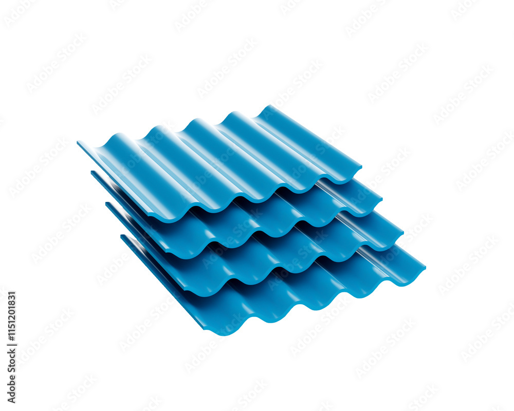 3d Sea Blue Metallic Stacks Of Corrugated Galvanised Iron For Roof Sheets 3d Illustration