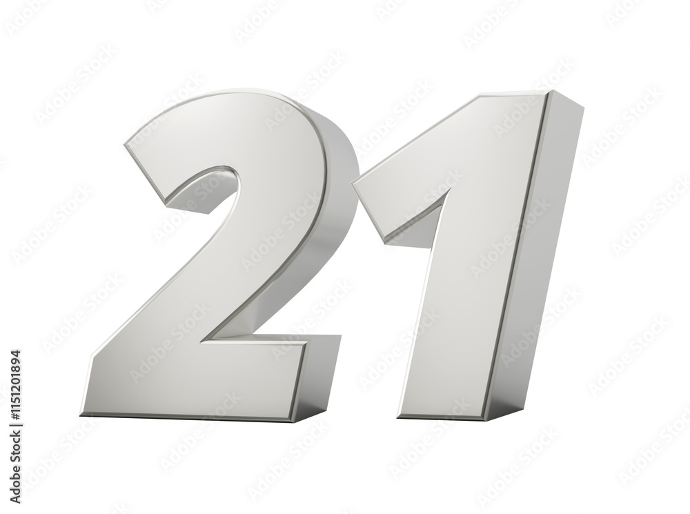 Silver 21 Twenty One 3d Number Isolated On White Background 3d Illustration Silver 21 Twenty One 3d Number Isolated On White Background 3d Illustration