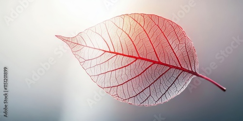 Red autumn skeletonized leaf on a soft gray background features sunlight and shadows. This beauty nature concept showcases autumnal transparent leaves, creating a stunning fall season closeup with photo